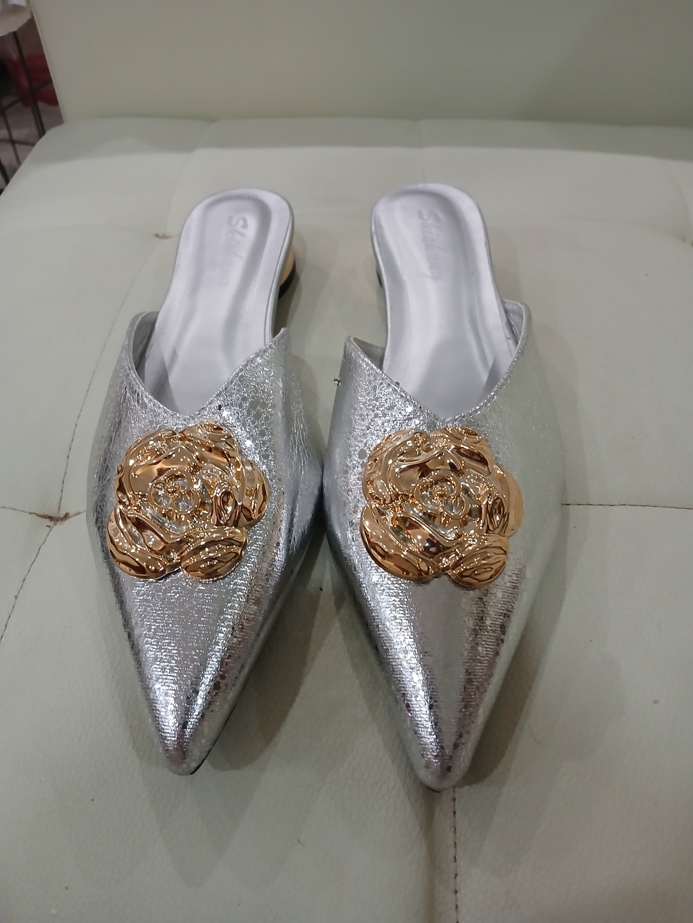 Metallic Silver Pointed Toe Slip-On Flats with Gold Floral Accent